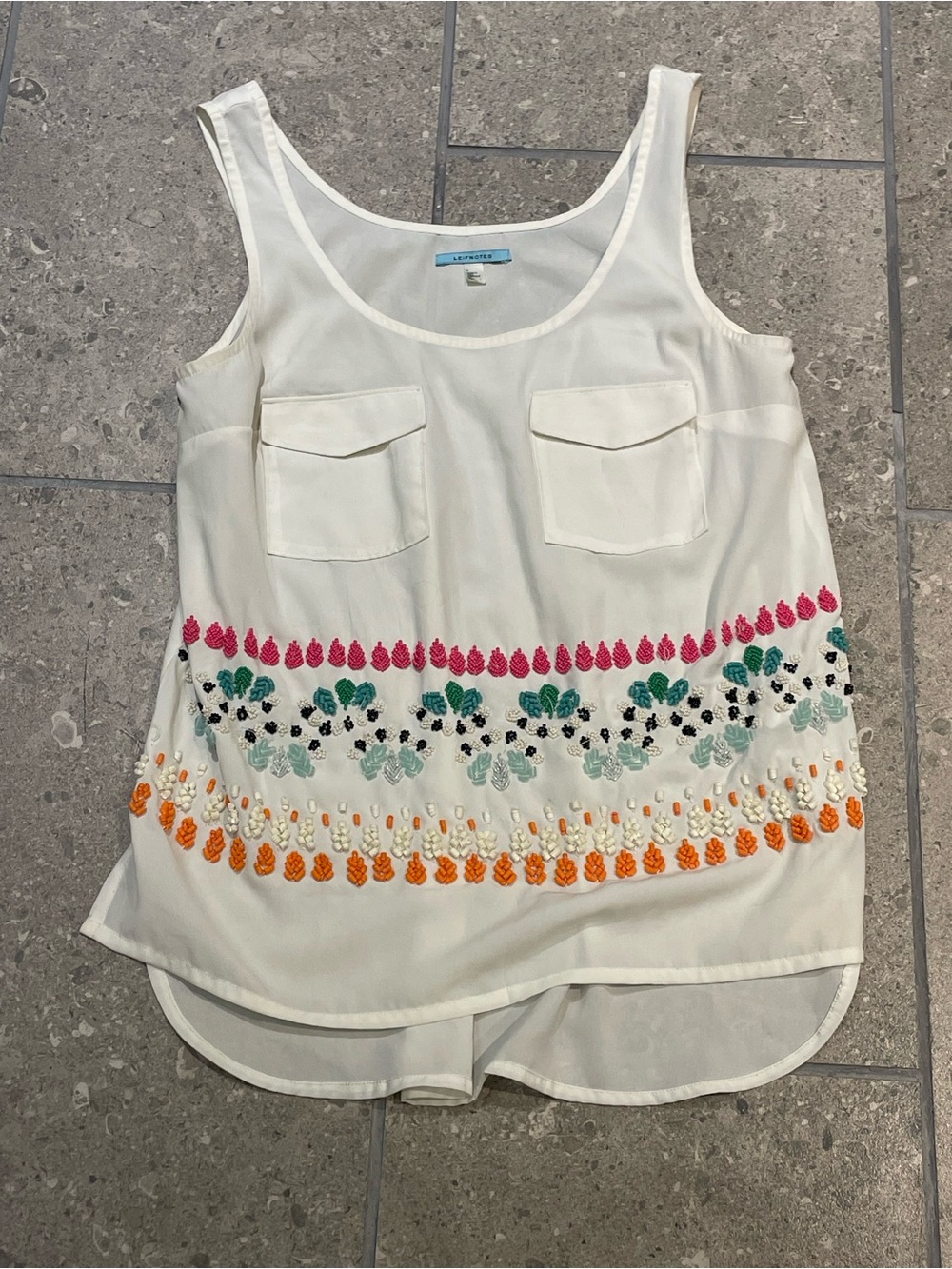Lightweight Leifnotes Cream Bohemian Beaded Tank Top - Sleeveless Blouse Size 4